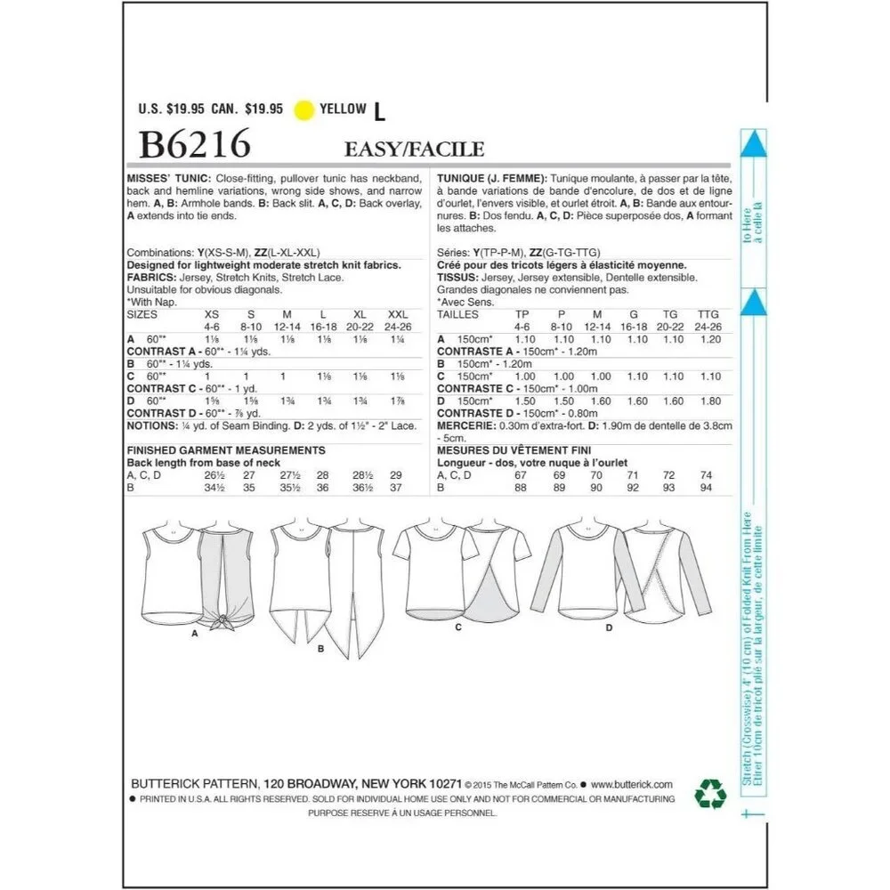 Butterick‎ Sewing Pattern 6216 Top Shirt Tunic Misses Size LG-XXL